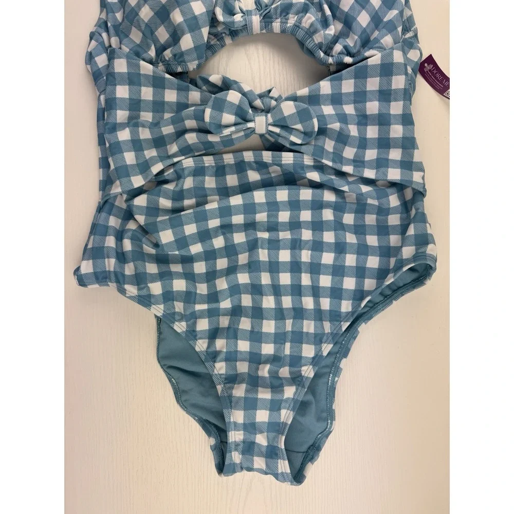 Adore Me Gingham One Piece Swimsuit 0X‎ Blue White Cutout Bow Front NWT Plus